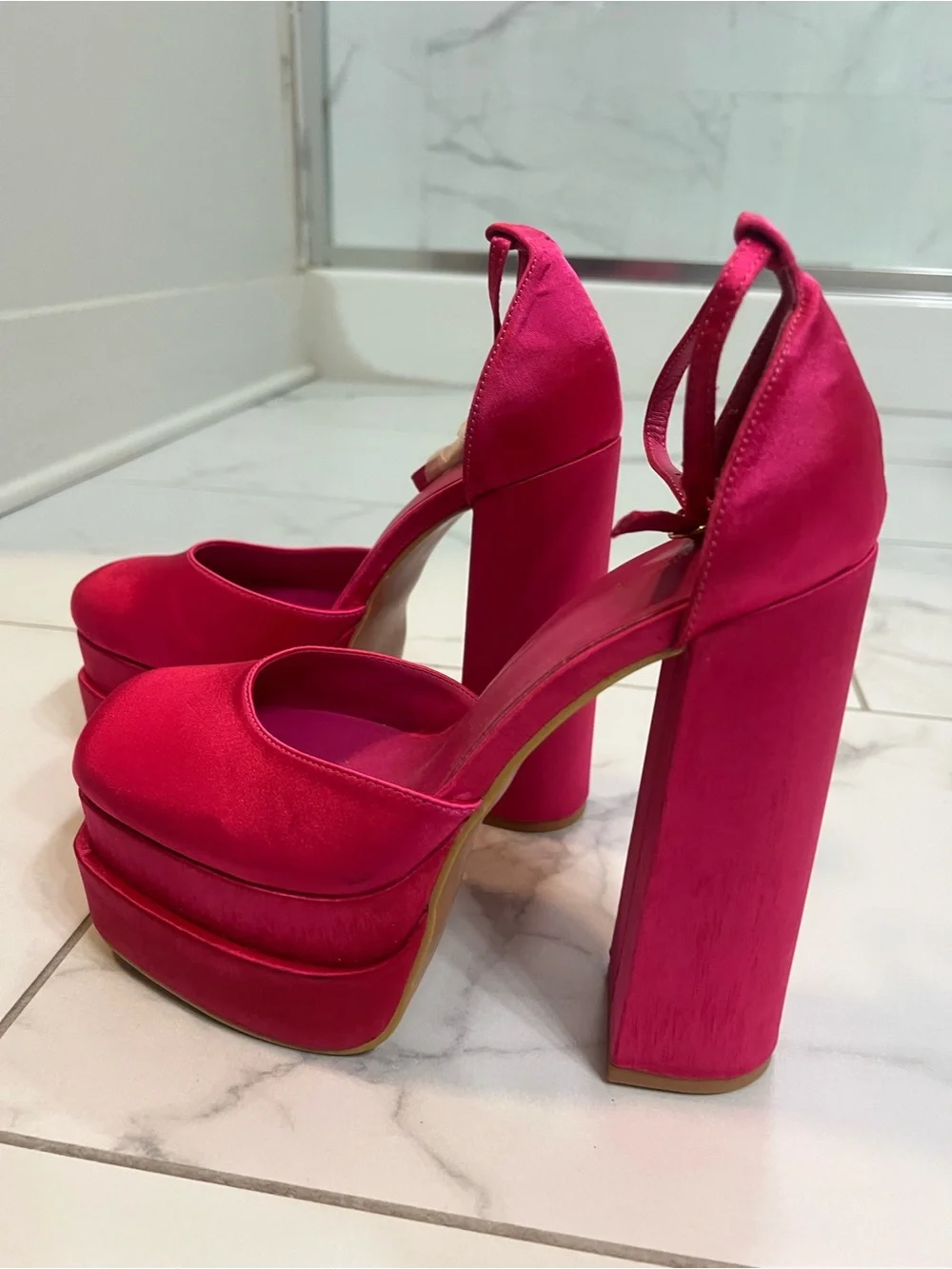 PrettyLittleThing Neon Pink Platform Block Heel Pumps with Ankle Tie